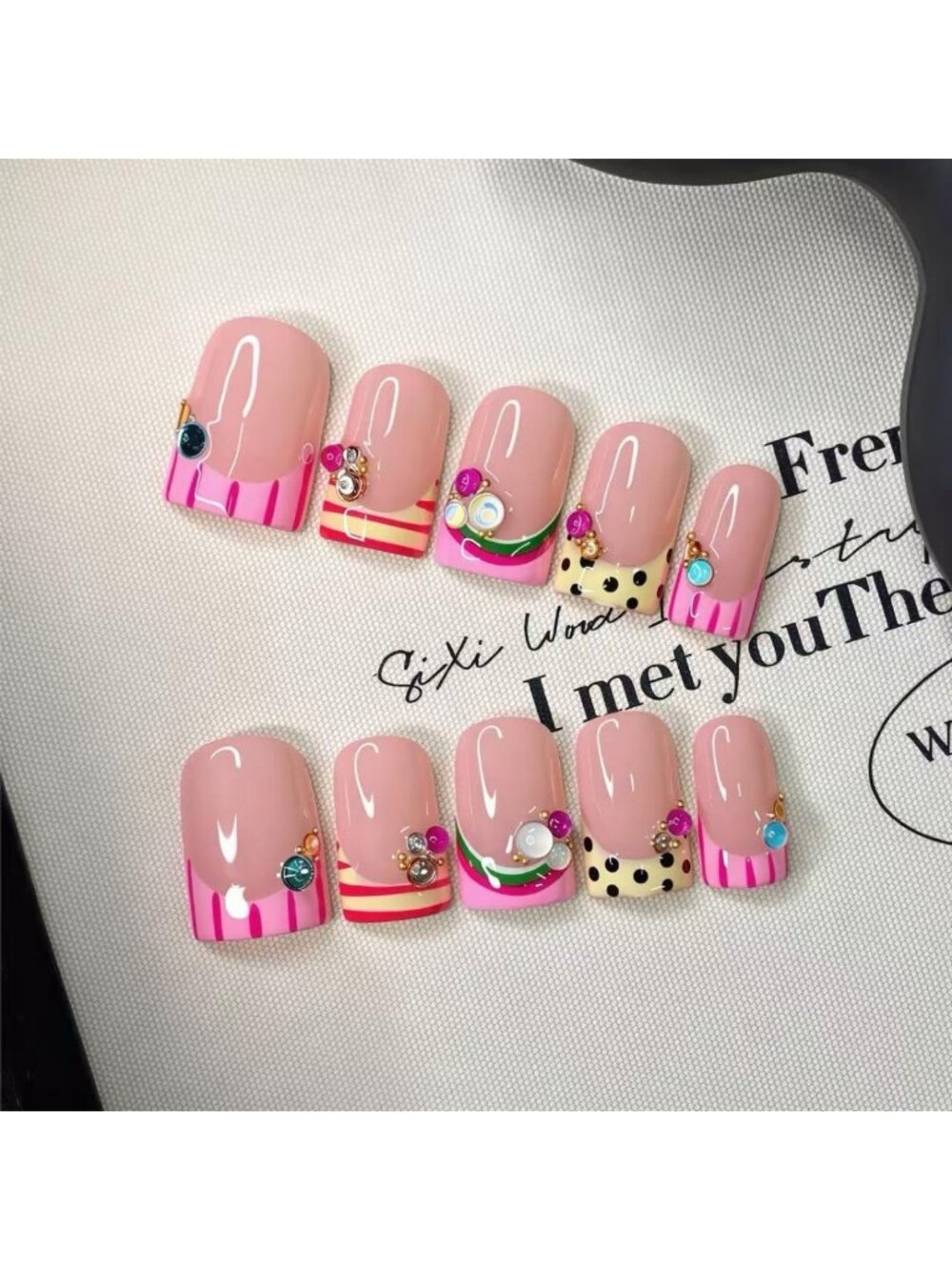 Colorful Handmade French Tip Press-On Nails | Short Square Polka Dot
